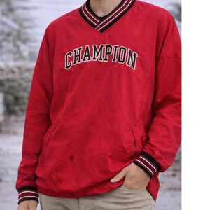 Vintage Champion Red V-Neck Pullover Windbreaker Jacket XXL